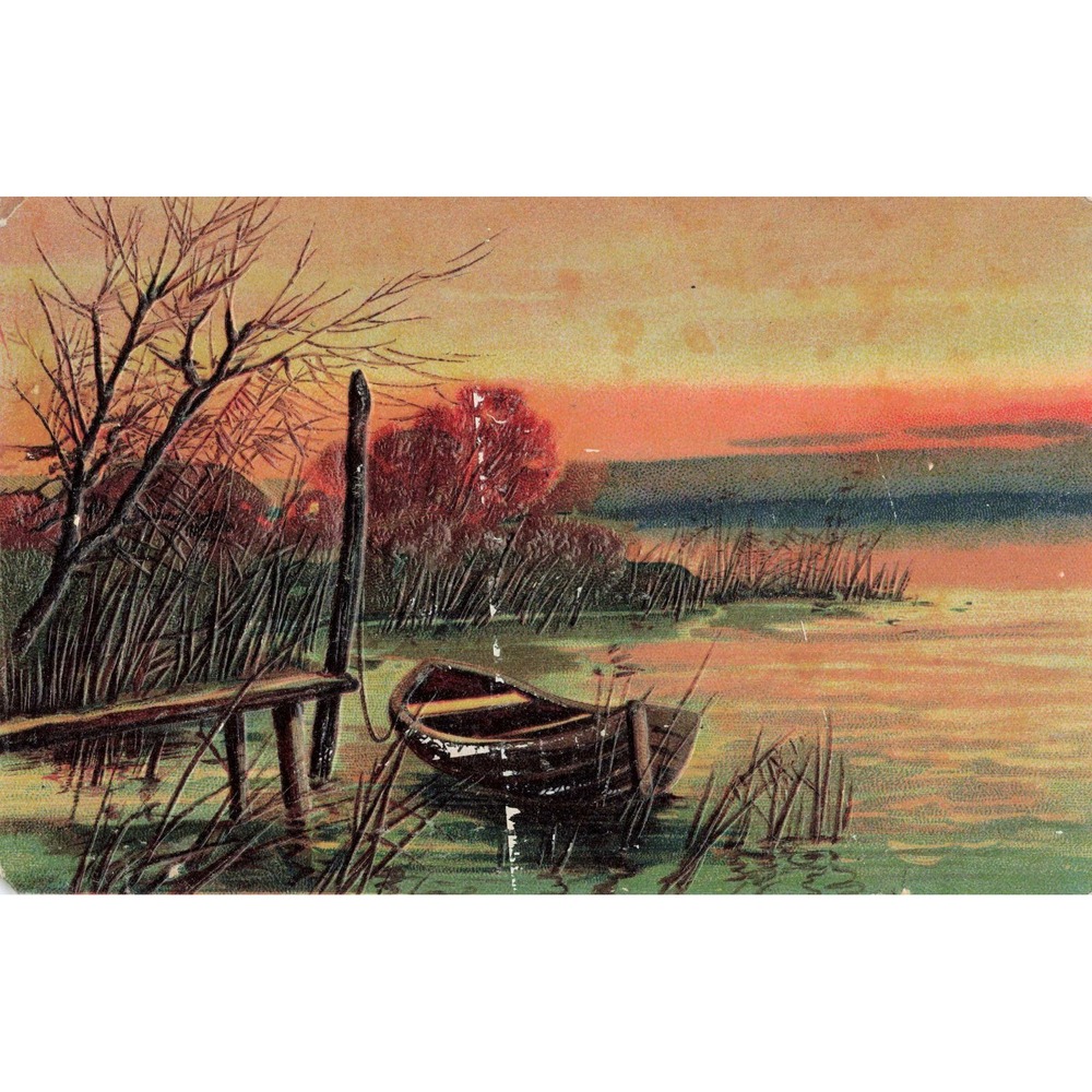 Antique Embossed Postcard Rowboat Dock Sunset c1910 Germany Gettysburg PA